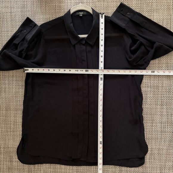 1.2.3. PARIS 100% Silk Tuxedo Style Button Front Blouse Top Long Sleeve Black 14 - Picture 9 of 9